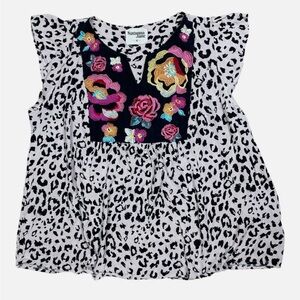 Savanna Jane Top Womens Plus 1X Embroidered Cheeta Print Flowy Artsy Boho Blouse